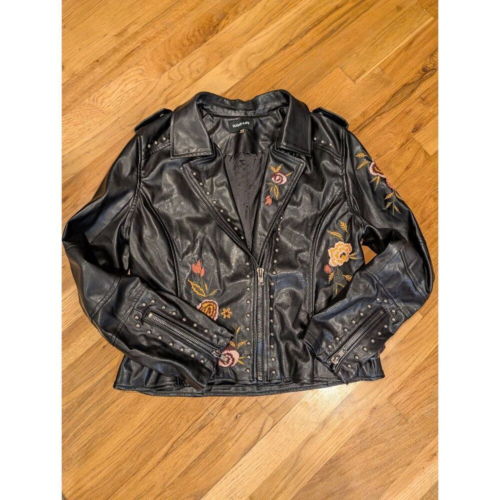 Embroidered Studded Moto Faux Leather Jacket Women's Large Sugarlips - Picture 10 of 16